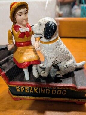Vintage-Speaking Dog Cast Iron Coin Bank - White/Black Works